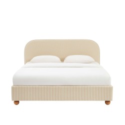 Lit coffre PILKA 180x200 tissu rayé beige et écru sommier inclus