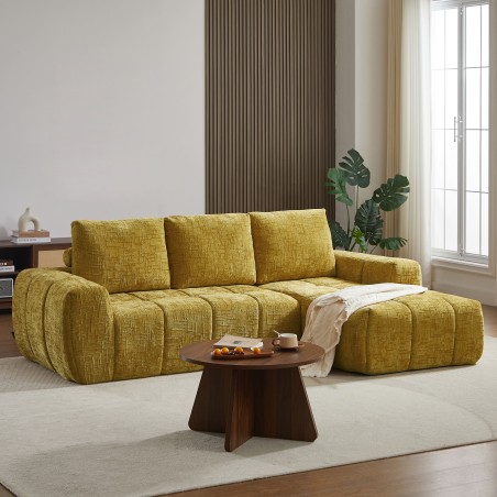 Canapé d'angle droit AUREA compressé tissu jaune moutarde 4 places