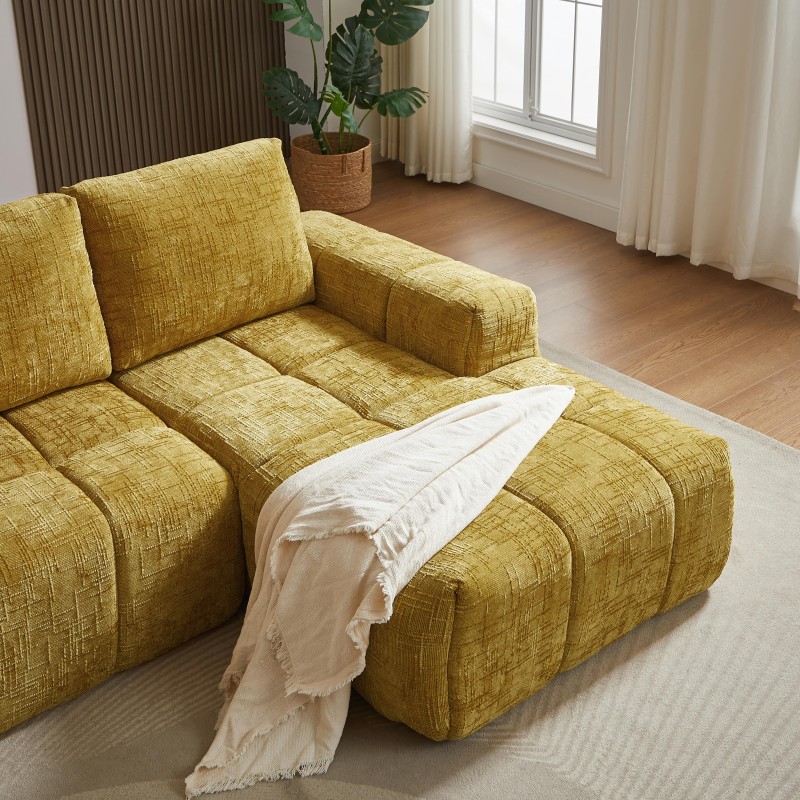 Canapé d'angle droit AUREA compressé tissu jaune moutarde 4 places