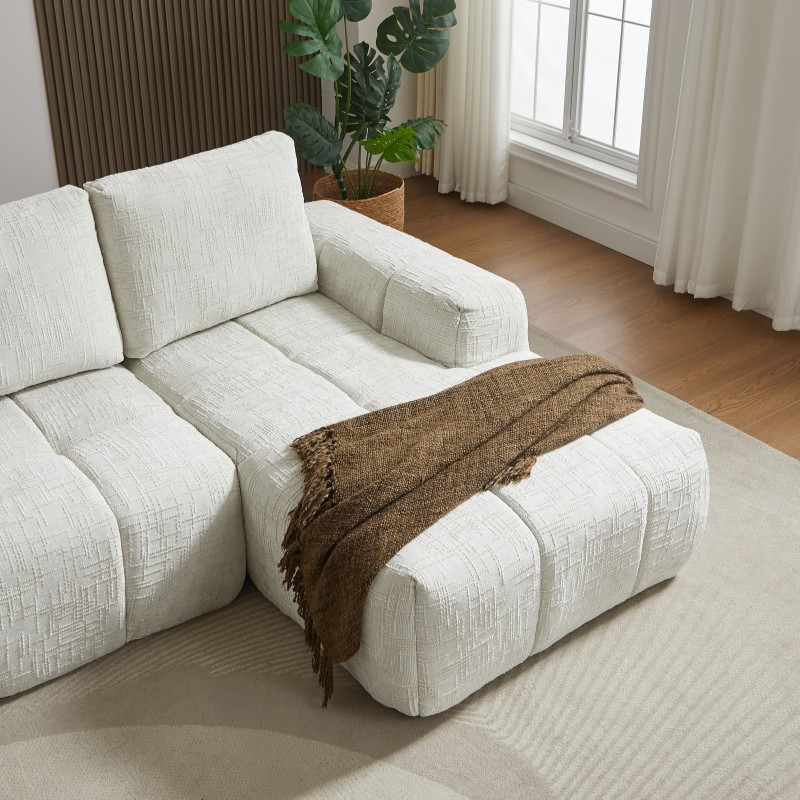 Canapé d'angle droit AUREA compressé tissu beige 4 places