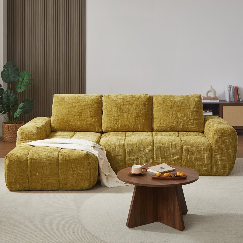 Canapé d'angle gauche AUREA compressé tissu jaune moutarde 4 places