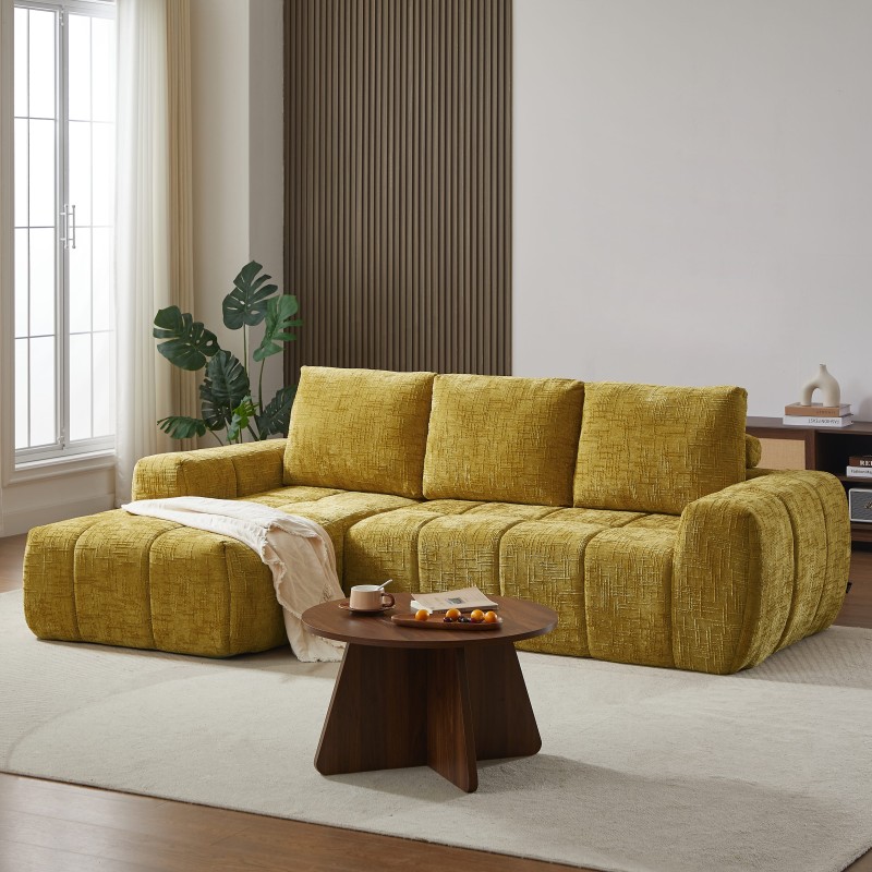 Canapé d'angle gauche AUREA compressé tissu jaune moutarde 4 places