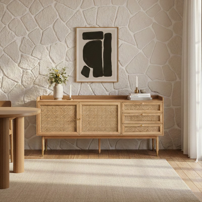 Sideboard LEON Eiche und Rattangeflecht 180 cm