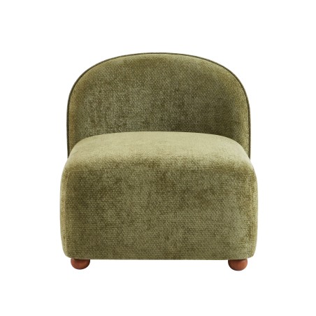 Fauteuil JUDY tissu chenille vert pieds boules teintés noyer