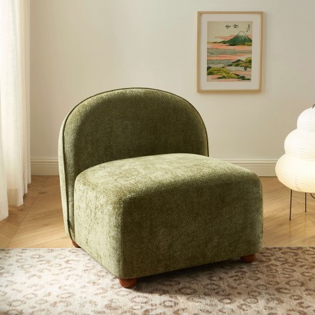 Fauteuil JUDY tissu chenille vert pieds boules teintés noyer