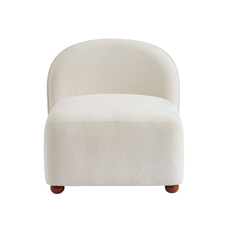 Sessel JUDY aus ecrufarbenem Chenille-Stoff mit nussbaumfarbenen Kugelfüßen