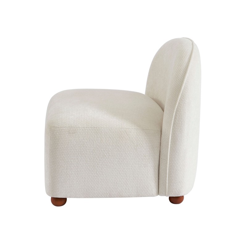 Sessel JUDY aus ecrufarbenem Chenille-Stoff mit nussbaumfarbenen Kugelfüßen