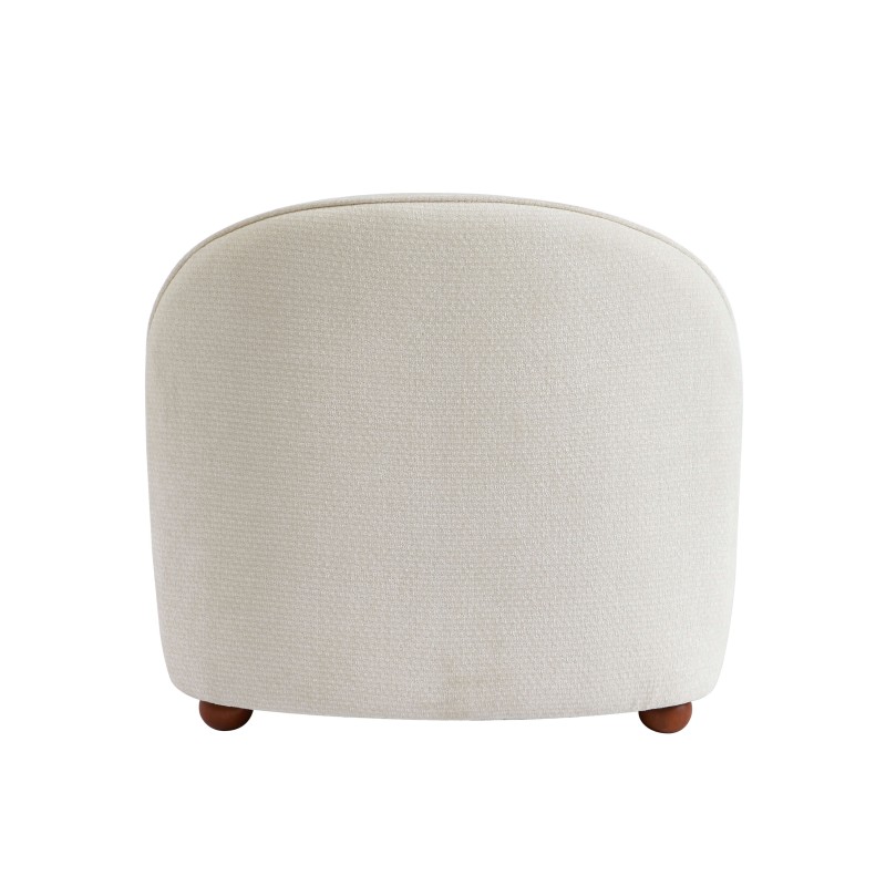 Sessel JUDY aus ecrufarbenem Chenille-Stoff mit nussbaumfarbenen Kugelfüßen