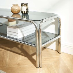 Meuble TV MAGGY verre trempé noir et structure en chrome 160cm