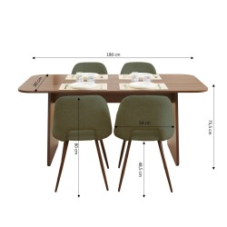 Ensemble repas table à manger LANGO effet noyer et 4 chaises ELISABETH tissu vert pieds effet noyer