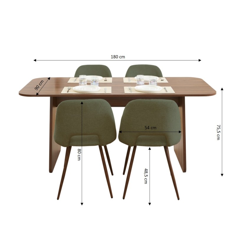 Ensemble repas table à manger LANGO effet noyer et 4 chaises ELISABETH tissu vert pieds effet noyer