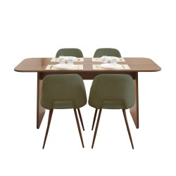 Ensemble repas table à manger LANGO effet noyer et 4 chaises ELISABETH tissu vert pieds effet noyer