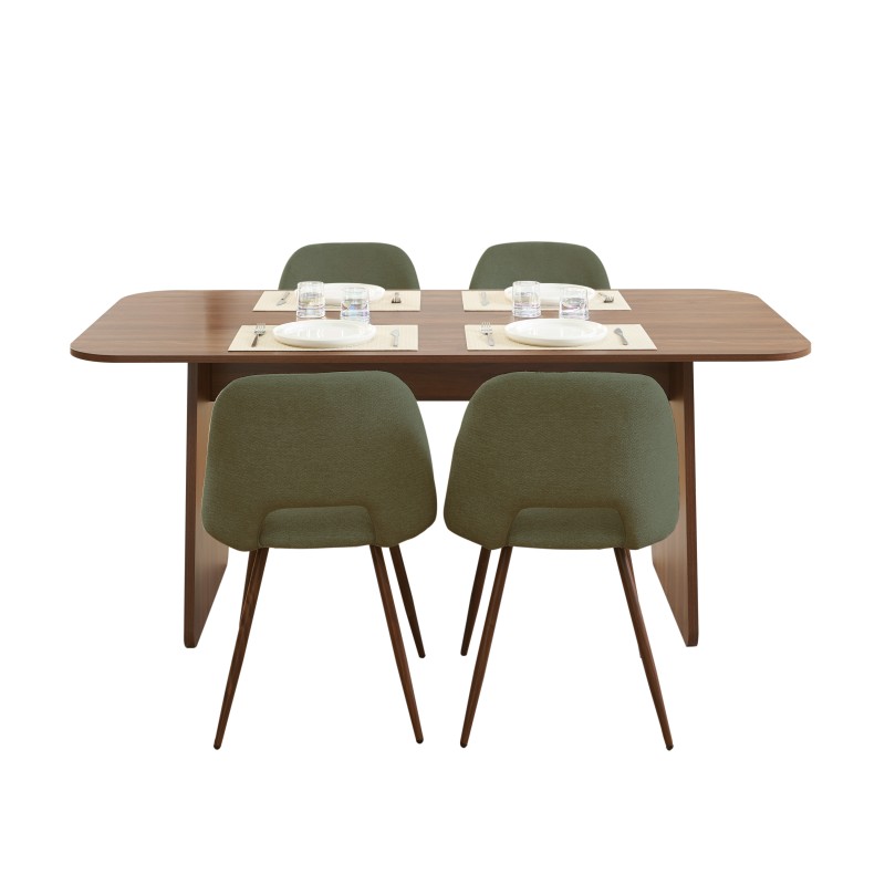 Ensemble repas table à manger LANGO effet noyer et 4 chaises ELISABETH tissu vert pieds effet noyer