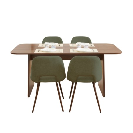 Ensemble repas table à manger LANGO effet noyer et 4 chaises ELISABETH tissu vert pieds effet noyer