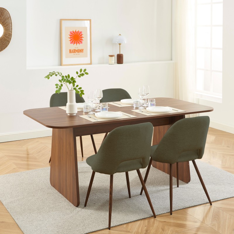 Ensemble repas table à manger LANGO effet noyer et 4 chaises ELISABETH tissu vert pieds effet noyer