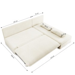 Banquette d'angle convertible NOMA 4 places velours côtelé écru