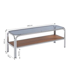 Meuble TV MAGGY verre trempé placage noyer structure en chrome