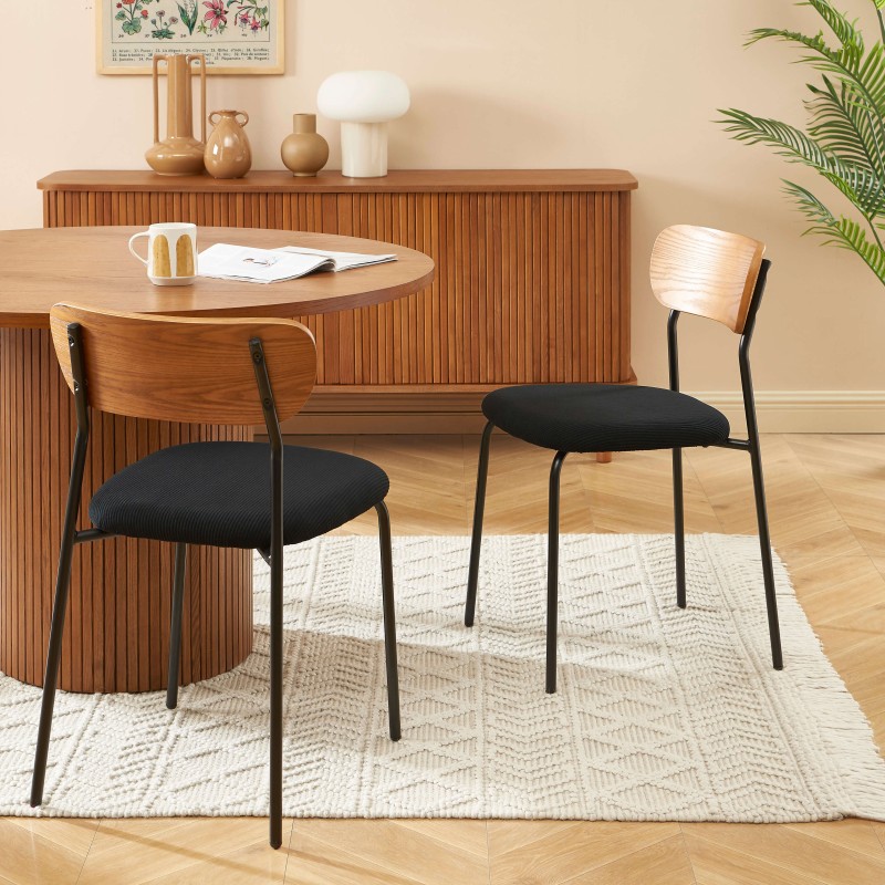 Lot de 4 chaises empilables FRIDA velours côtelé noir et métal noir