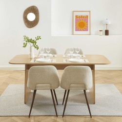 Ensemble repas table à manger LANGO effet chêne et 4 chaises ELISABETH tissu beige pieds effet noyer