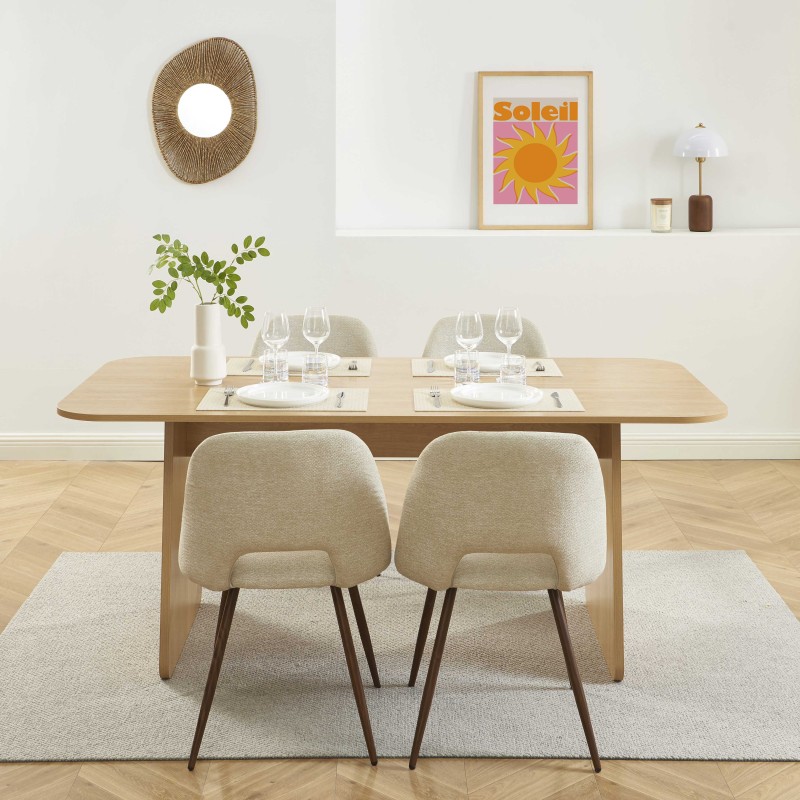 Ensemble repas table à manger LANGO effet chêne et 4 chaises ELISABETH tissu beige pieds effet noyer
