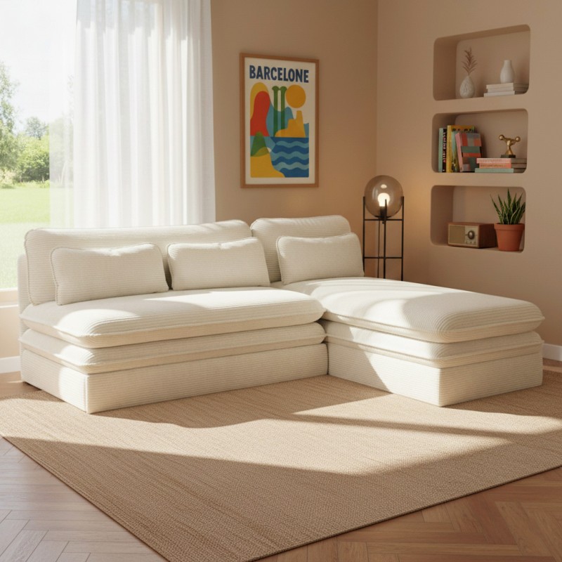 Banquette d'angle convertible NOMA 4 places velours côtelé écru