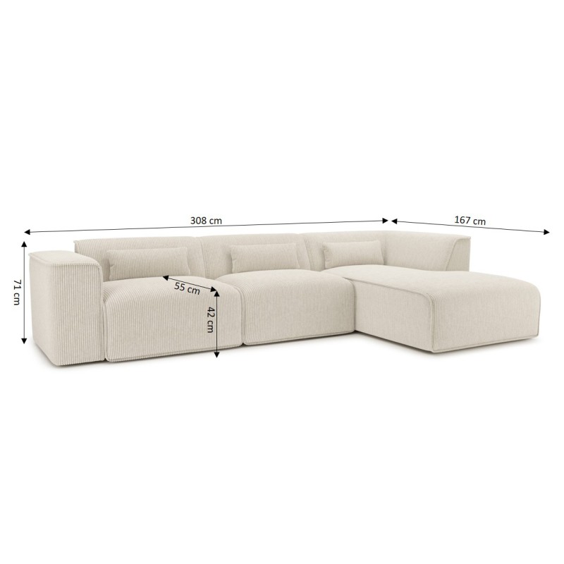 Canapé d'angle droit NUNA fixe velours côtelé beige 5/6 places