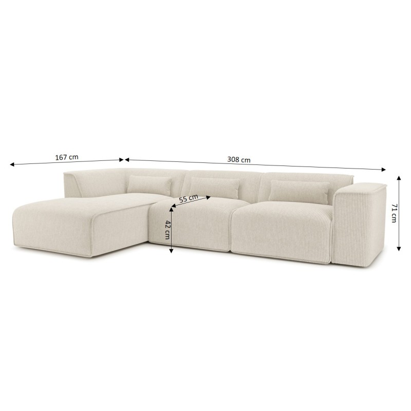 Canapé d'angle gauche NUNA fixe velours côtelé beige 5/6 places