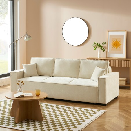 Canapé droit GAVI convertible tissu beige 3 places