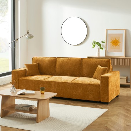 Canapé droit GAVI convertible tissu jaune moutarde 3 places