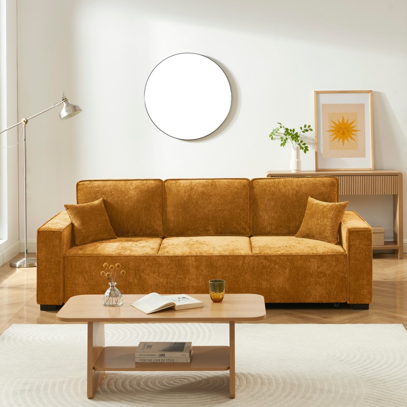 Canapé droit GAVI convertible tissu jaune moutarde 3 places