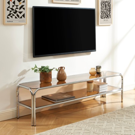 TV-Möbel MAGGY aus orangefarbenem Hartglas und Chromgestell, 160 cm