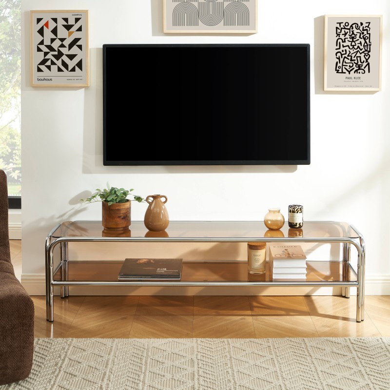 Meuble TV MAGGY verre trempé orange et structure en chrome 160cm