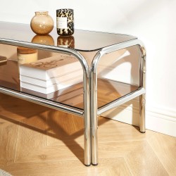 Meuble TV MAGGY verre trempé orange et structure en chrome 160cm