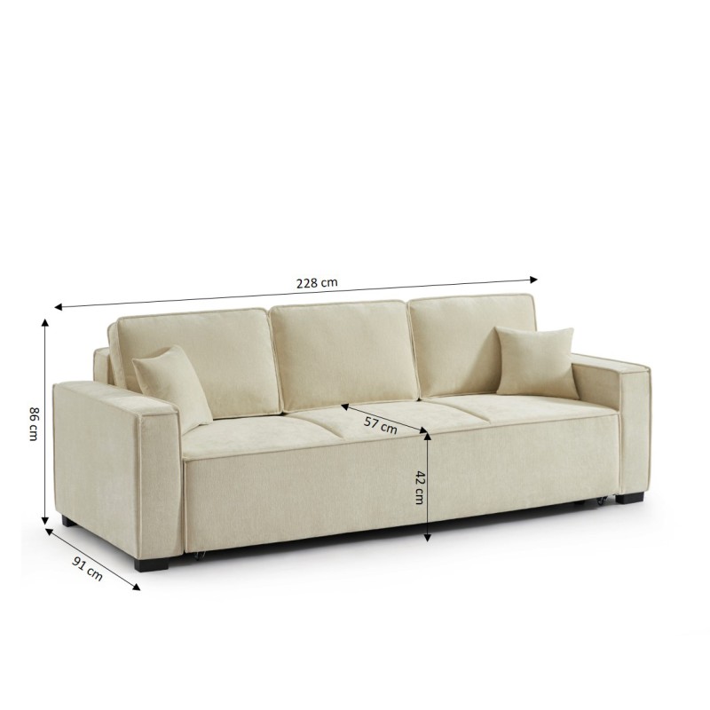 Canapé droit GAVI convertible tissu beige 3 places