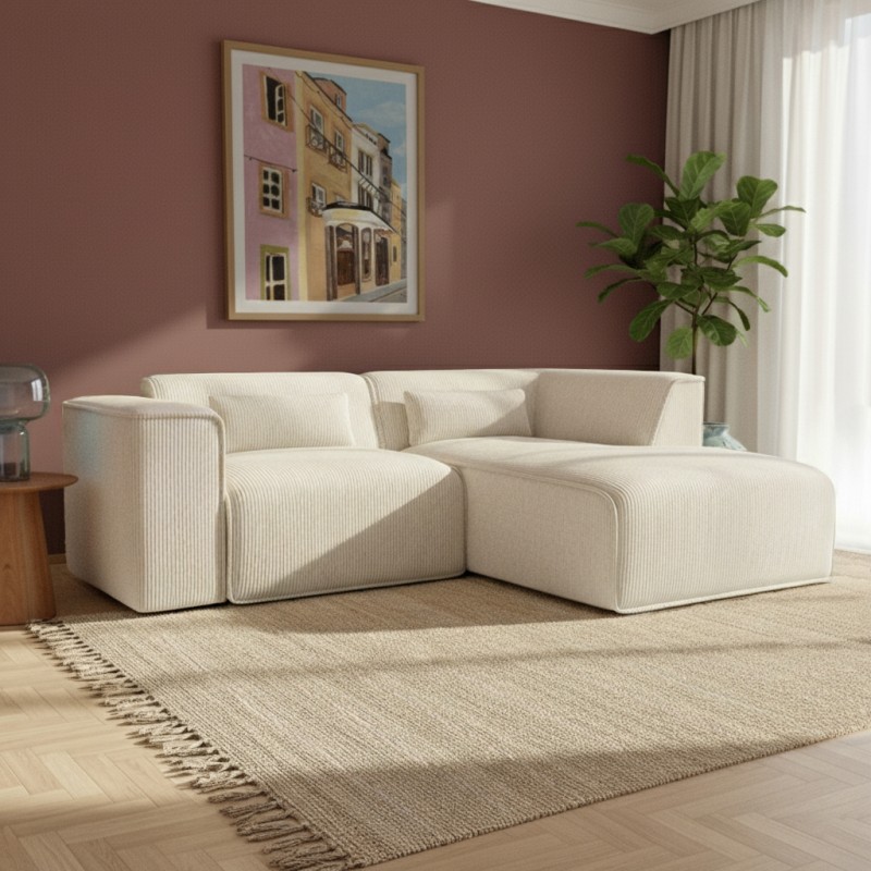 Canapé d'angle droit NUNA fixe velours côtelé beige 4 places