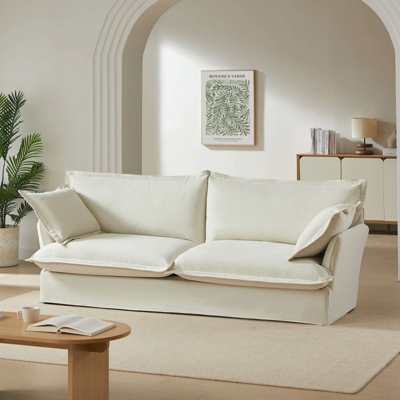 Canapé droit fixe déhoussable IROKO 3 places tissu beige