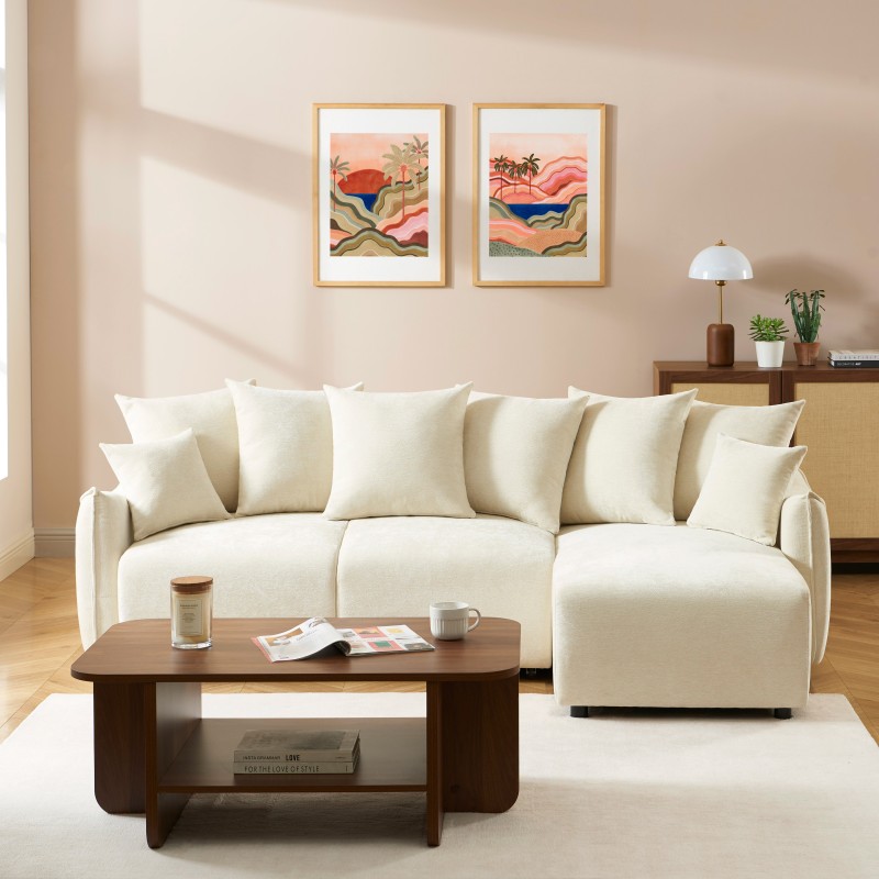 Canapé d'angle OPALINE convertible et réversible tissu beige 4 places