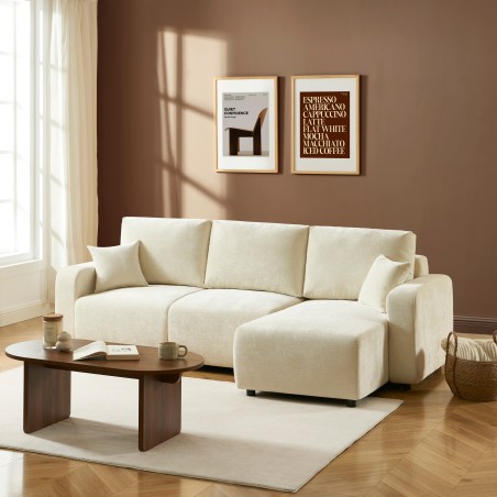 Canapé d'angle LIVIO convertible et réversible tissu beige 4 places
