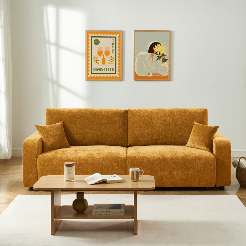 Canapé droit convertible LIVIO 3 places tissu jaune