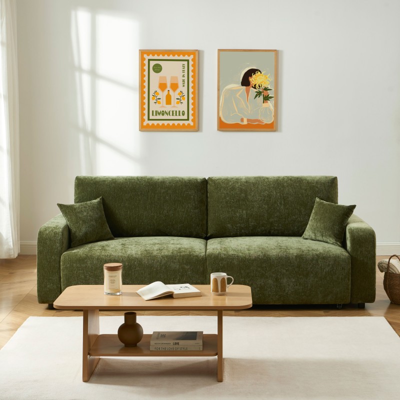 Canapé droit convertible LIVIO 3 places tissu vert