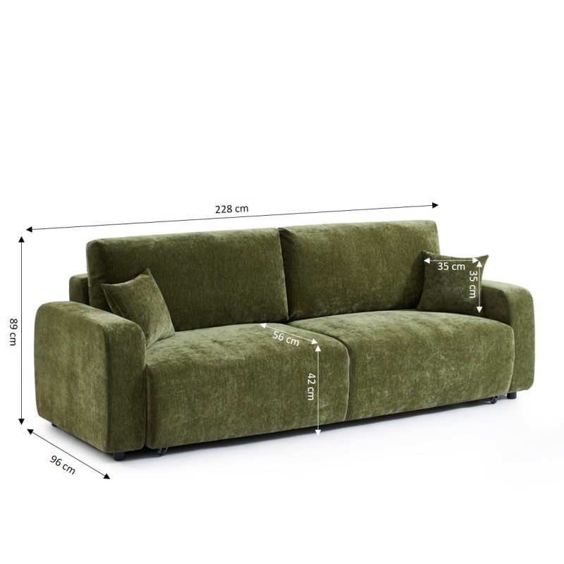 Canapé droit convertible LIVIO 3 places tissu vert
