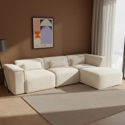 Canapé d'angle droit NUNA fixe velours côtelé beige 5/6 places