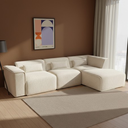 Canapé d'angle droit fixe NUNA 5/6 places velours côtelé beige