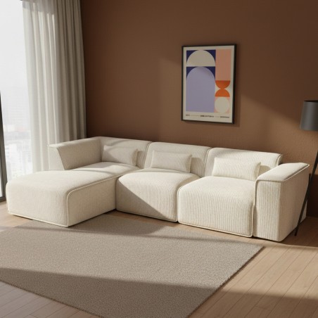 Canapé d'angle gauche NUNA fixe velours côtelé beige 5/6 places