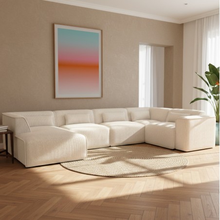 Canapé panoramique chaise gauche NUNA fixe velours côtelé beige 7 places