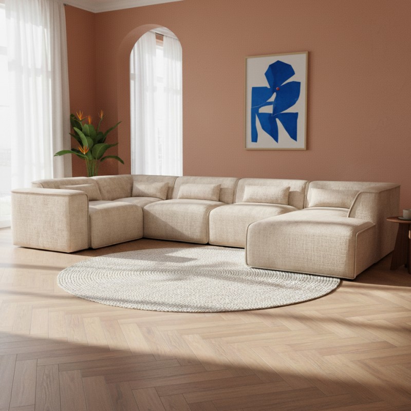 Canapé panoramique fixe NUNA 7 places chaise droite tissu taupe