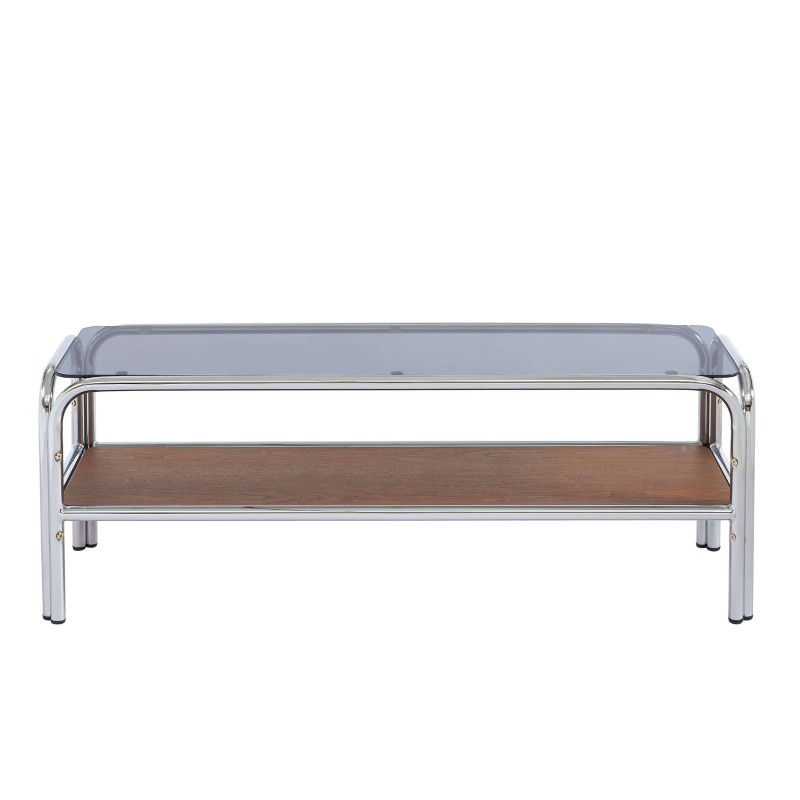 Meuble TV MAGGY verre trempé placage noyer structure en chrome