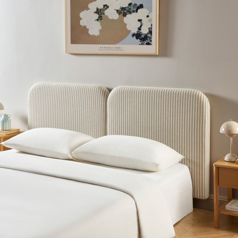 Tête de lit LOUISON tissu lin rayé blanc et beige 160cm