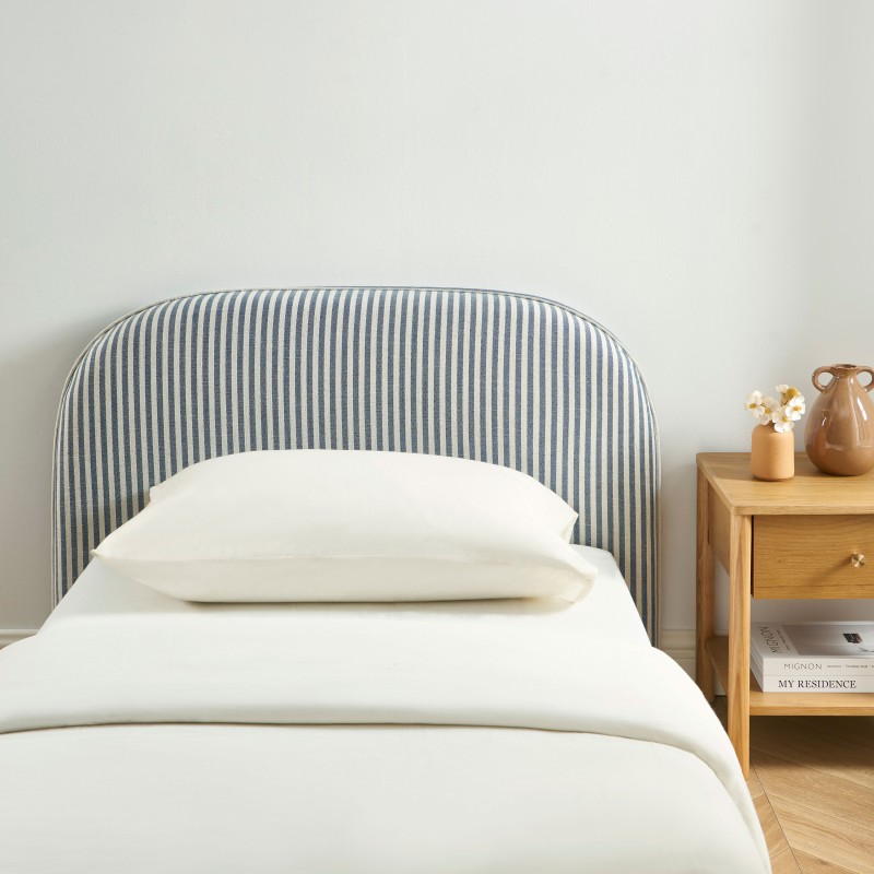 Kopfteil LOUISON aus weiß-blau gestreiftem Leinenstoff, 90 cm