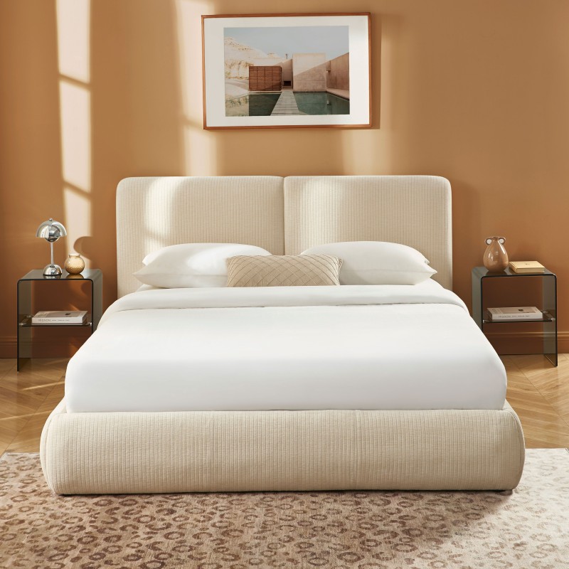 Letto contenitore YOKA 160x200 in velluto a coste beige, rete inclusa
